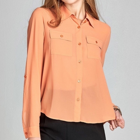 Semi Sheer Peach Double Pocket Polyester Top BB984 - Picture 5 of 6